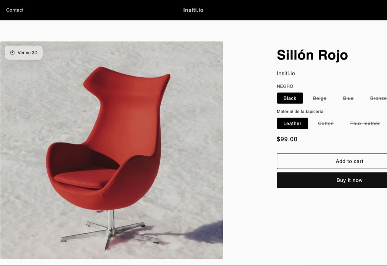 Ficha de producto de una tienda con el visor 3D abierto sobre un sillón rojo