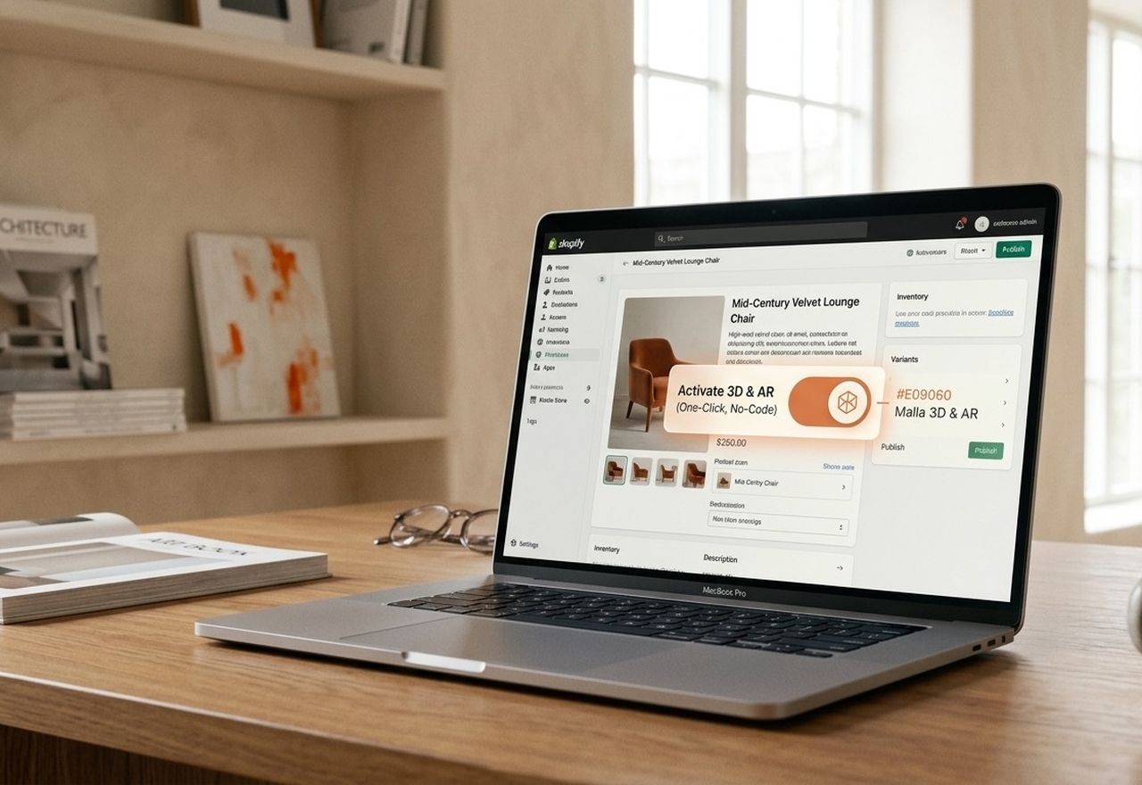 Panel de Shopify con la ficha de una butaca y el botón de activar 3D y realidad aumentada